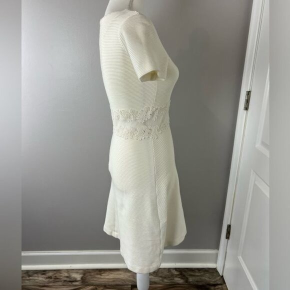 SANDRO Ivory Knit Fit & Flare Dress With Lace Mid Detail Size 1 | US Small - Picture 3 of 11
